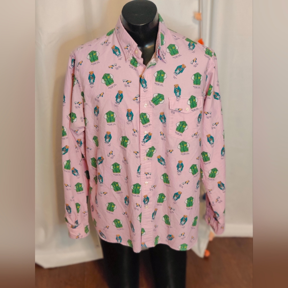 Ralph Lauren all over skateboard bear print preppy button down  blue label XL